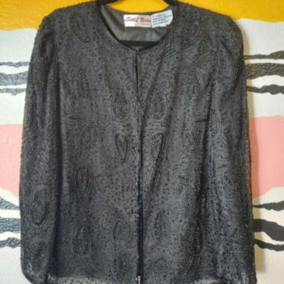 True Vintage 1980s Black Silk Bead Embroidered Over Coat Jacket Top M - Picture 4 of 4